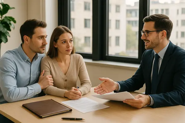 a lawyer talking to a young couple in his office