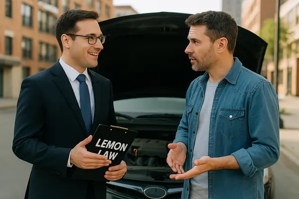 a lawyer talking to a client on the street while holding a clipboard that says lemon law