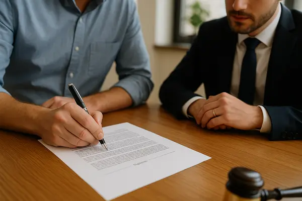 a lawyer reviewing a document with a client a lawyer reviewing a document with a client