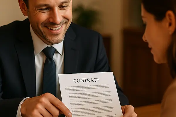 a lemon law lawyer smiling as he shows a contract to a woman a lemon law lawyer smiling as he shows a contract to a woman