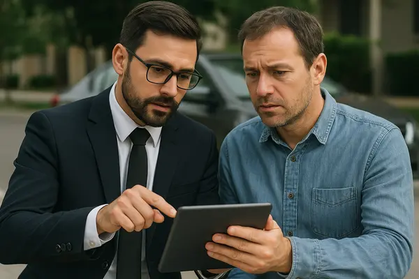 a lawyer with an iPad explaining something to his client a lawyer with an iPad explaining something to his client