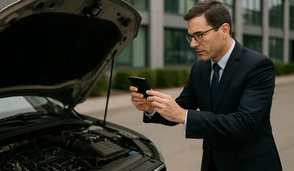 a man using his phone to take a picture under the hood of his lemon car a man using his phone to take a picture under the hood of his lemon car
