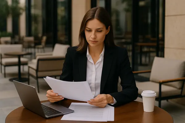 a female lawyer reading a document outside a coffee shop a female lawyer reading a document outside a coffee shop
