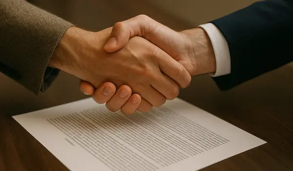2 hands shaking to close a deal with a legal document underneath them