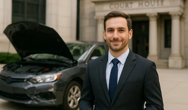 a male lawyer smiling at the camera with a lemon car in the background a male lawyer smiling at the camera with a lemon car in the background