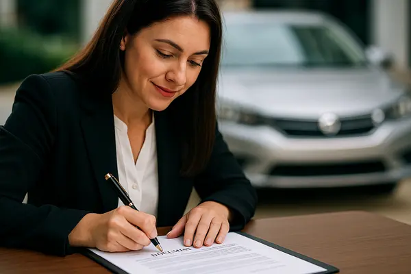 a female representative pointing to a car sales contract with a pen a female representative pointing to a car sales contract with a pen