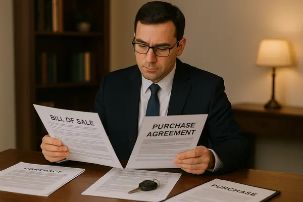 a lemon law lawyer in his office reading a bill of sale and purchase agreement
