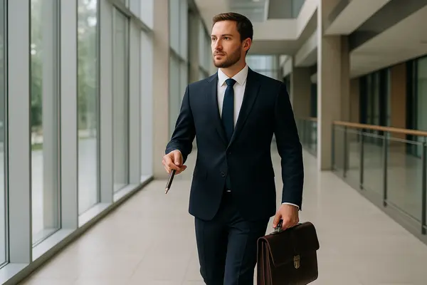 a lawyer walking down a hallway with a briefcase a lawyer walking down a hallway with a briefcase