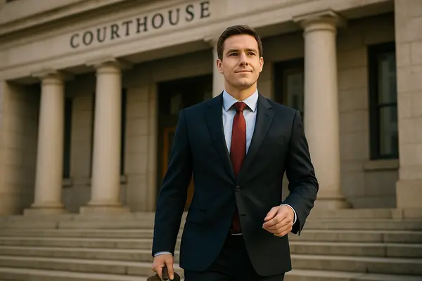 a lawyer walking down the stairs of a courthouse entrance