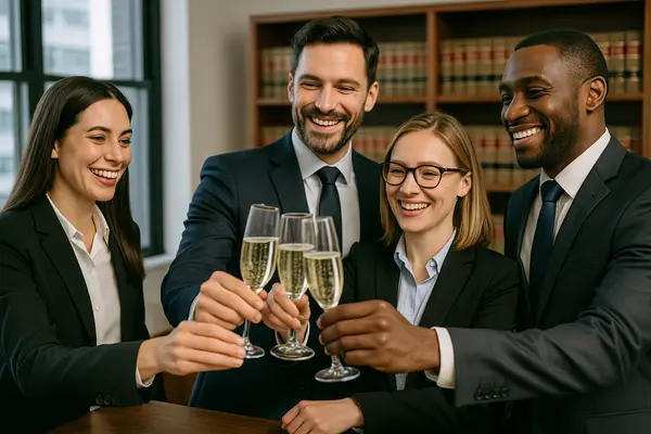 4 lawyers celebrating a won case with champagne 4 lawyers celebrating a won case with champagne