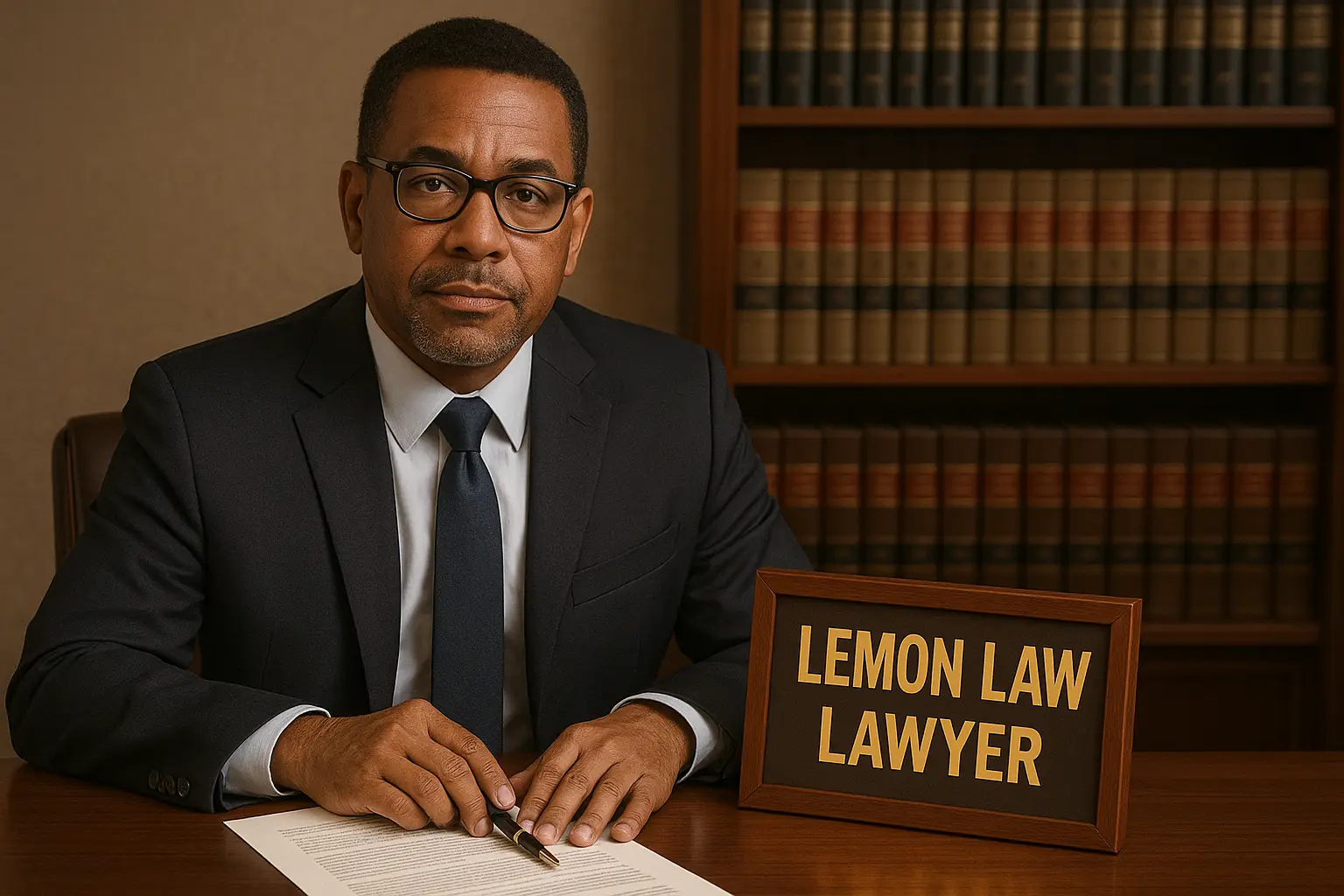 a lawyer sitting at his desk with a sign next to him that says lemon law