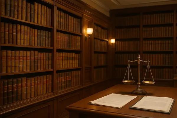 an empty office with bookshelves and scales of justice on the desk