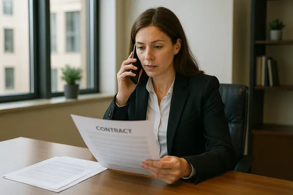 a female lawyer talking on her phone while holding a legal document a female lawyer talking on her phone while holding a legal document