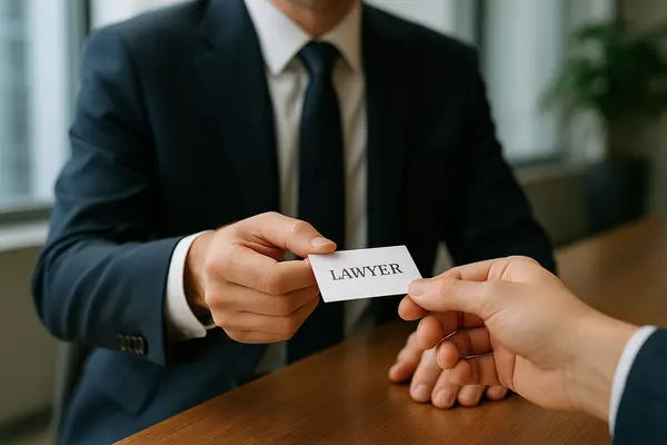 a lawyer handing a man a business card