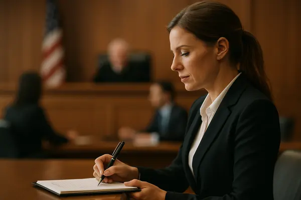 a female lawyer writing in her notes in a courtroom