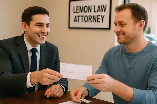 a lemon law lawyer handing a check to his customer after winning his case a lemon law lawyer handing a check to his customer after winning his case