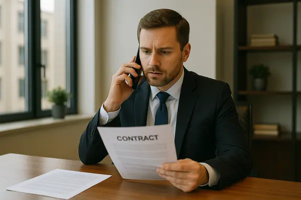 a male lawyer talking on his phone while holding a legal document a male lawyer talking on his phone while holding a legal document