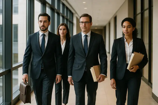 4 lawyers walking down the hallway of a building
