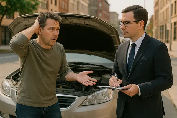 a man taking down a report from the owner of a lemon car a man taking down a report from the owner of a lemon car