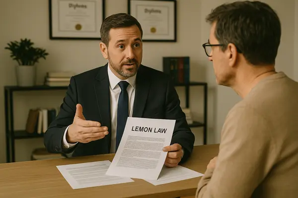 a lawyer in his office explaining the lemon law to a customer