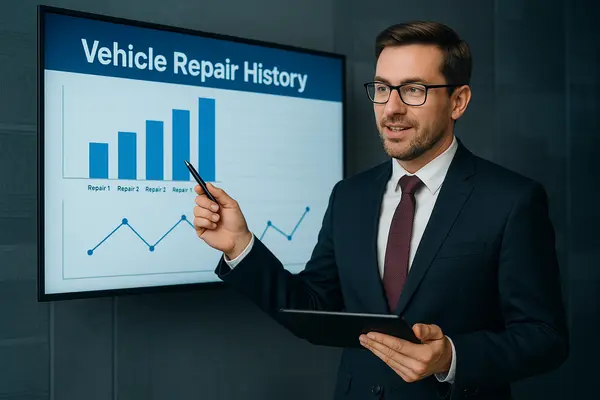 a lawyer giving a presentation with statistics on vehicle repair history
