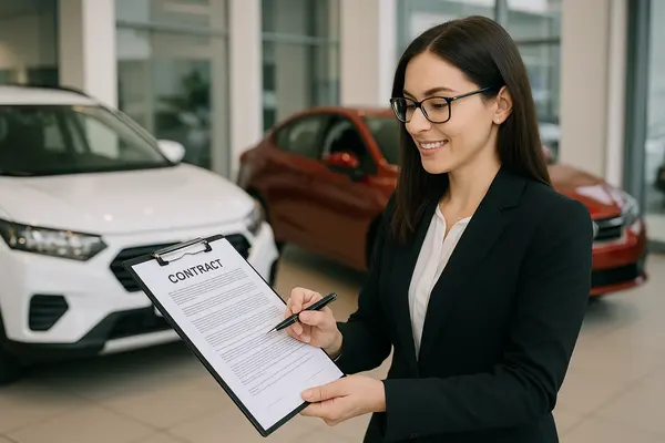 a female representative holding a contract at a car dealership